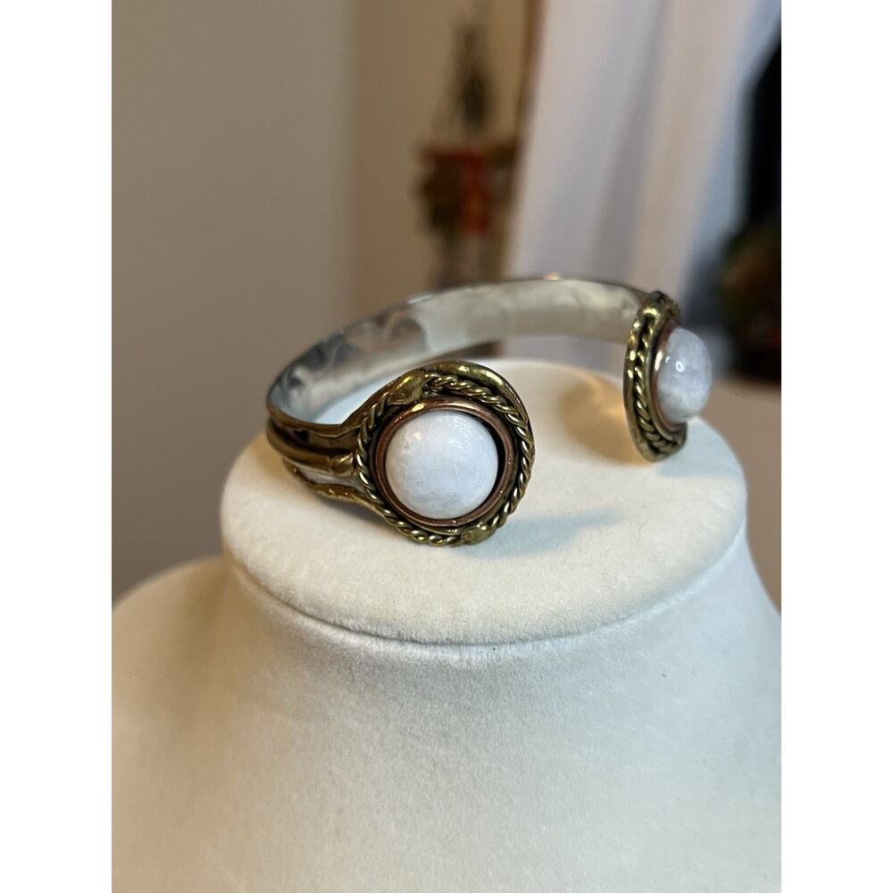 Brutalist Mixed Metal Artisan Hammered Soldered Adjustable Cuff Bracelet Glass